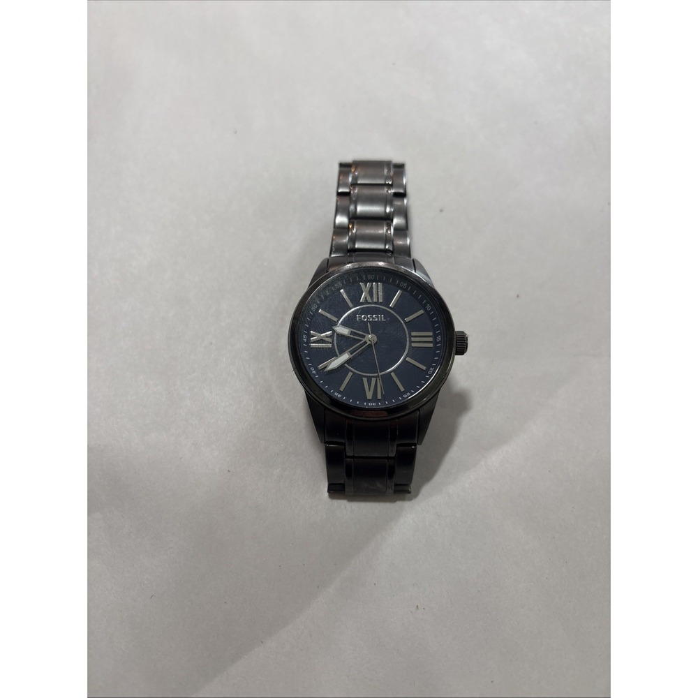 Fossil BQ1134 Men's Gun Metal Roman #'s Blue Face Dial Wristwatch New BatteryEUC